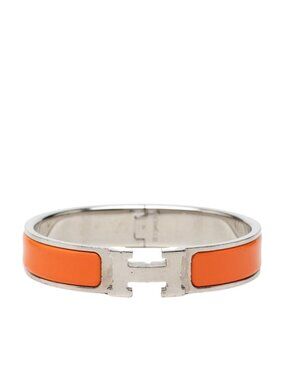 Hermes Clic H PM Enamel Bracelet Bangle Silver Orange Metal